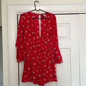 H&M Red Short Floral Jumpsuit Rimper